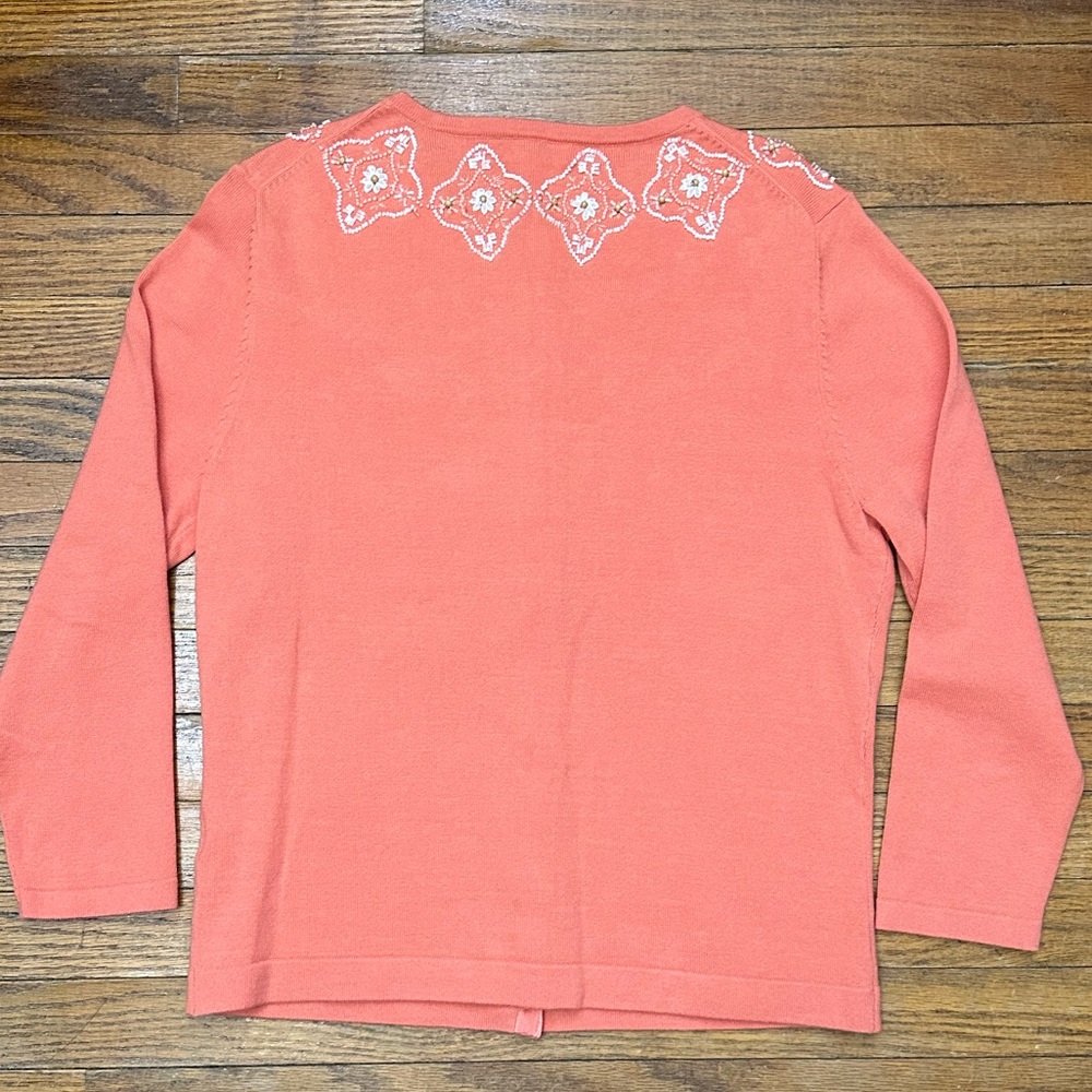 Garnet Hill Size Small Hand Beaded Embellished Floral Orange Cardigan Sweater - Picture 6 of 13